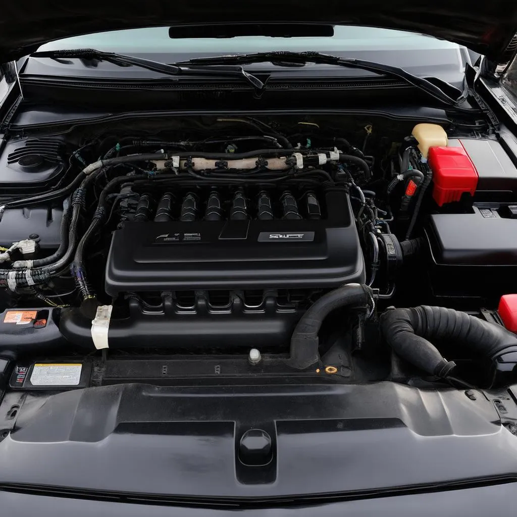 2005 Chevrolet Malibu Maxx engine bay with visible wiring and sensors